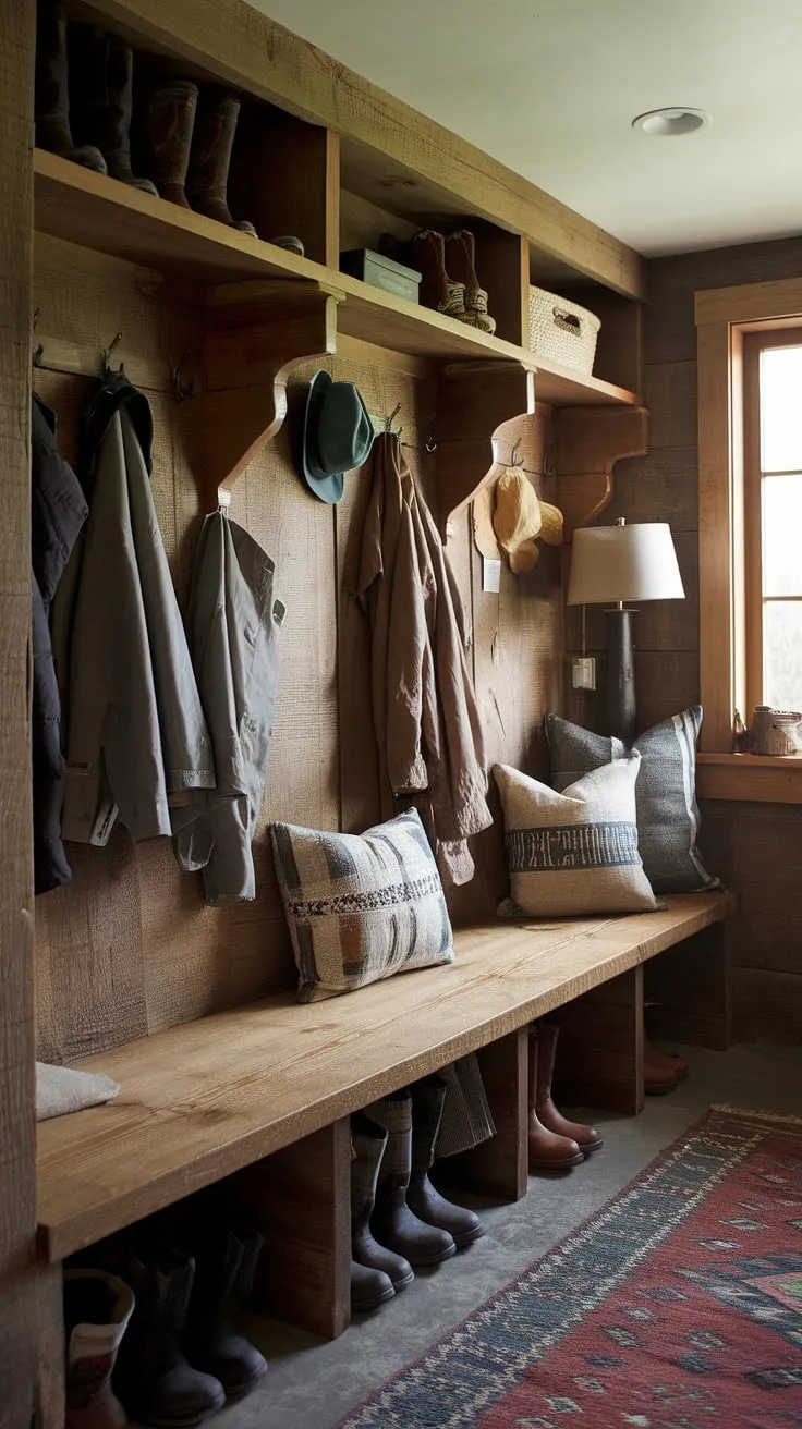 Step into cozy comfort. This rustic mudroom, complete with a weathered wooden bench, ample shelving, and a warm lamp, welcomes you home after a long day. The hanging jackets, boots, and hats tell tales of adventures shared.