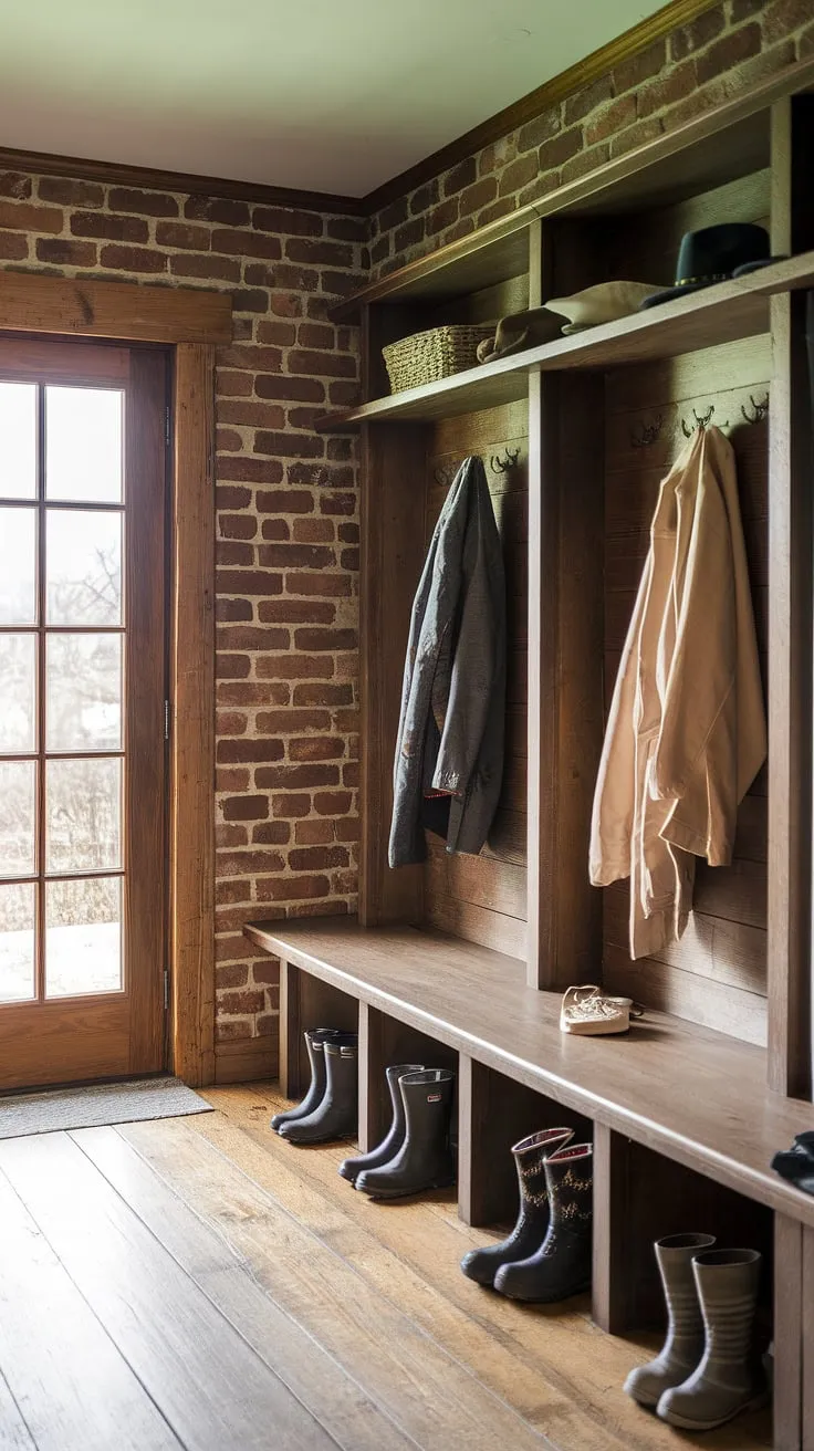 Step into cozy chaos. This rustic mudroom, with its worn wooden bench and brick walls, is the perfect blend of practicality and charm. A place where well-worn boots and favorite hats find their home, it's a testament to the beauty of lived-in spaces. A sanctuary of warmth after a long day, A haven for coats and boots, A true reflection of home.