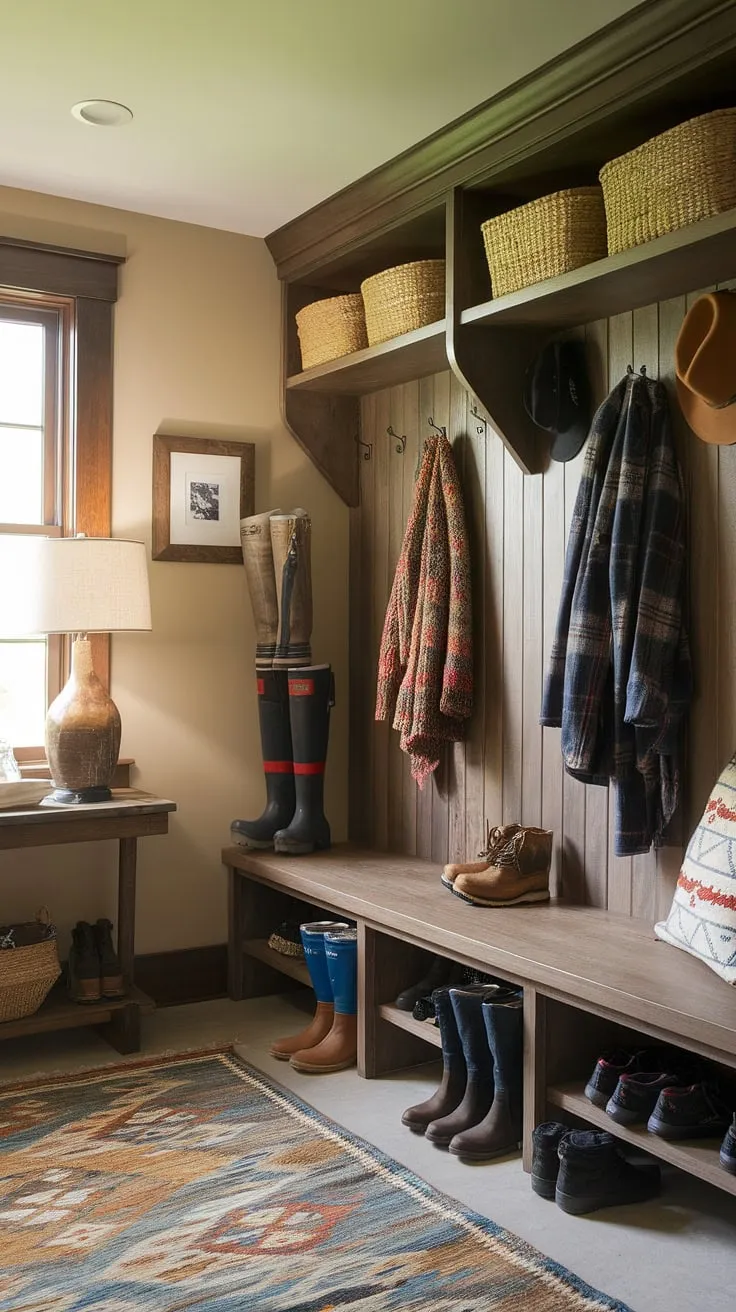 Step into cozy chaos. This rustic mudroom, complete with a boot dryer, wooden bench, and ample shelving, keeps everything organized and ready for any adventure. A perfect blend of practicality and charm.