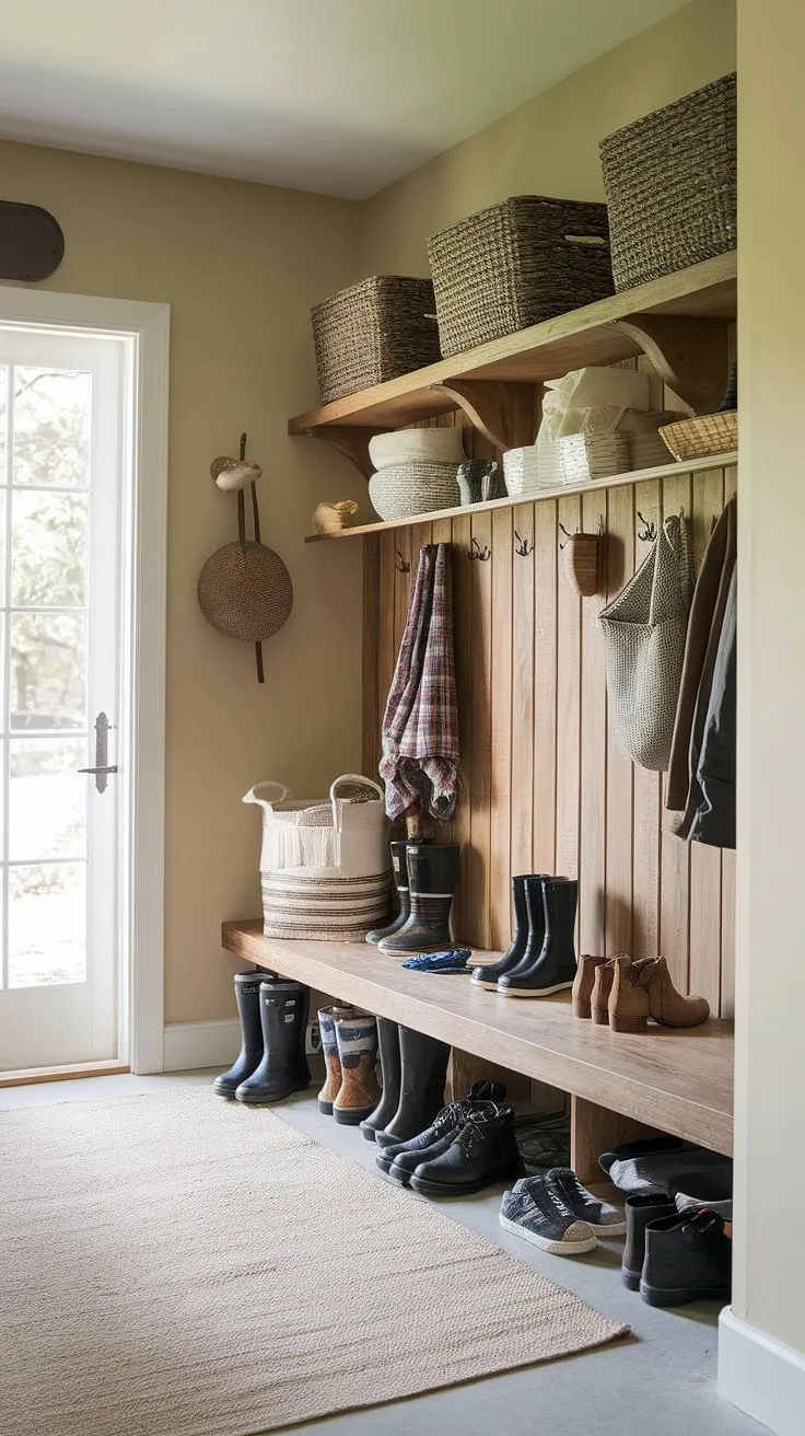 Step inside this cozy, rustic mudroom, where practicality meets charm. The wooden shelf, brimming with well-worn boots and baskets, speaks to a life lived fully, while the soft beige rug and decorative touches add a touch of warmth and personality. A perfect blend of function and style, it's a space designed for both adventure and relaxation.