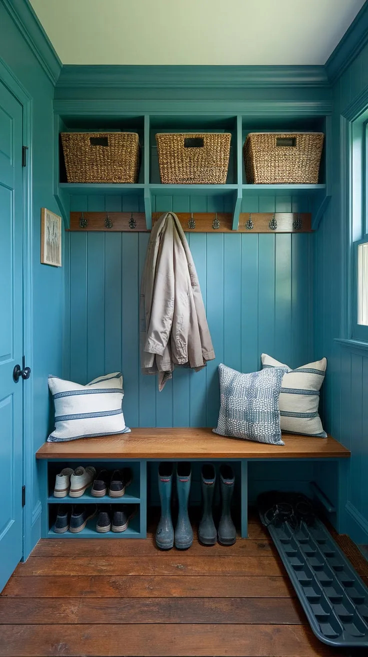 A haven of calm amidst the chaos: This thoughtfully designed mudroom boasts a charming blue hue, rustic wooden floors, and ample storage solutions including a bench with baskets and a coat rack. Perfect for shedding wet boots and coats after a day outdoors.