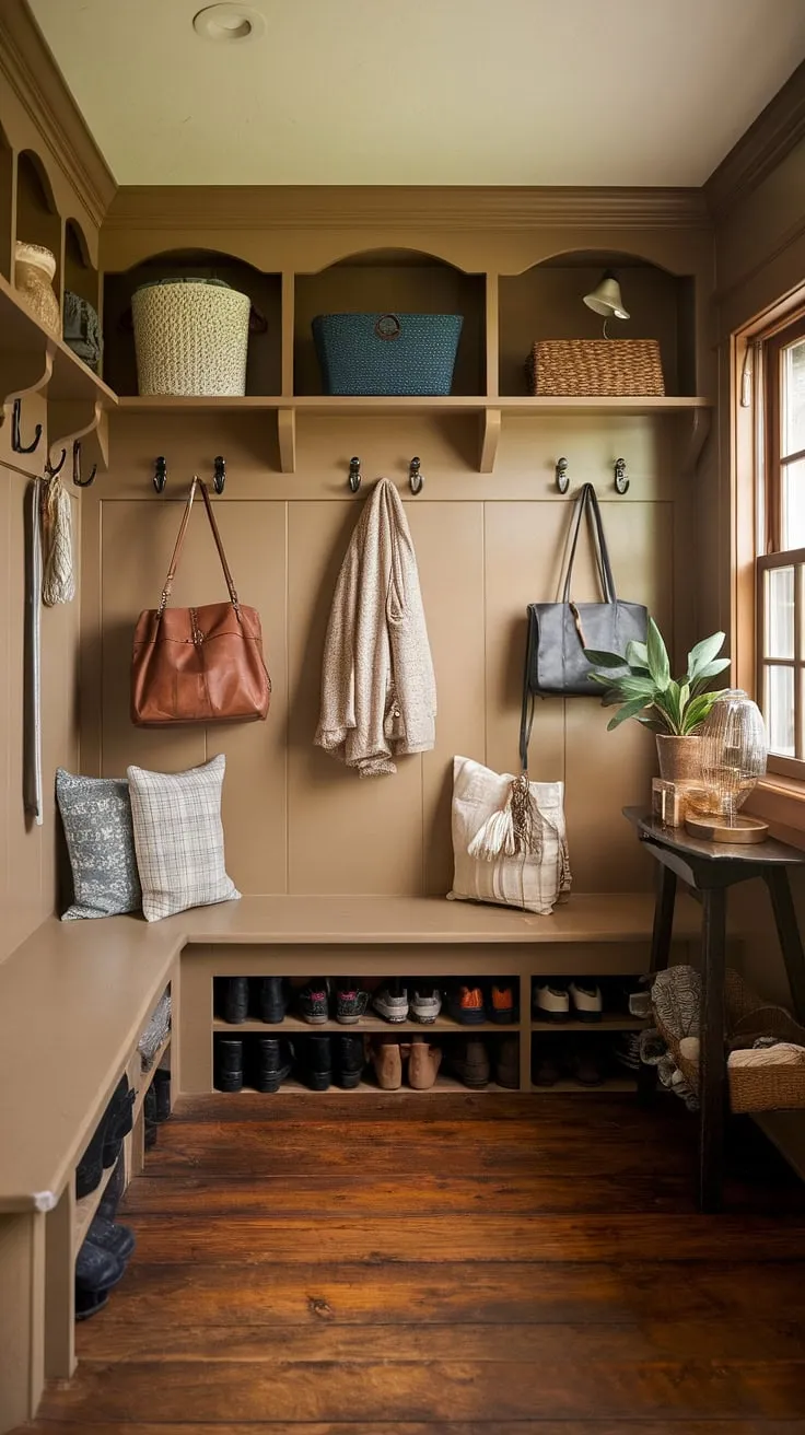This cozy mudroom is the perfect blend of rustic charm and functional design. The neutral color palette, combined with the wooden flooring and thoughtfully placed storage solutions, creates a space that's both inviting and efficient. From the convenient hooks to the stylish boot tray, every detail reflects a commitment to both style and practicality.