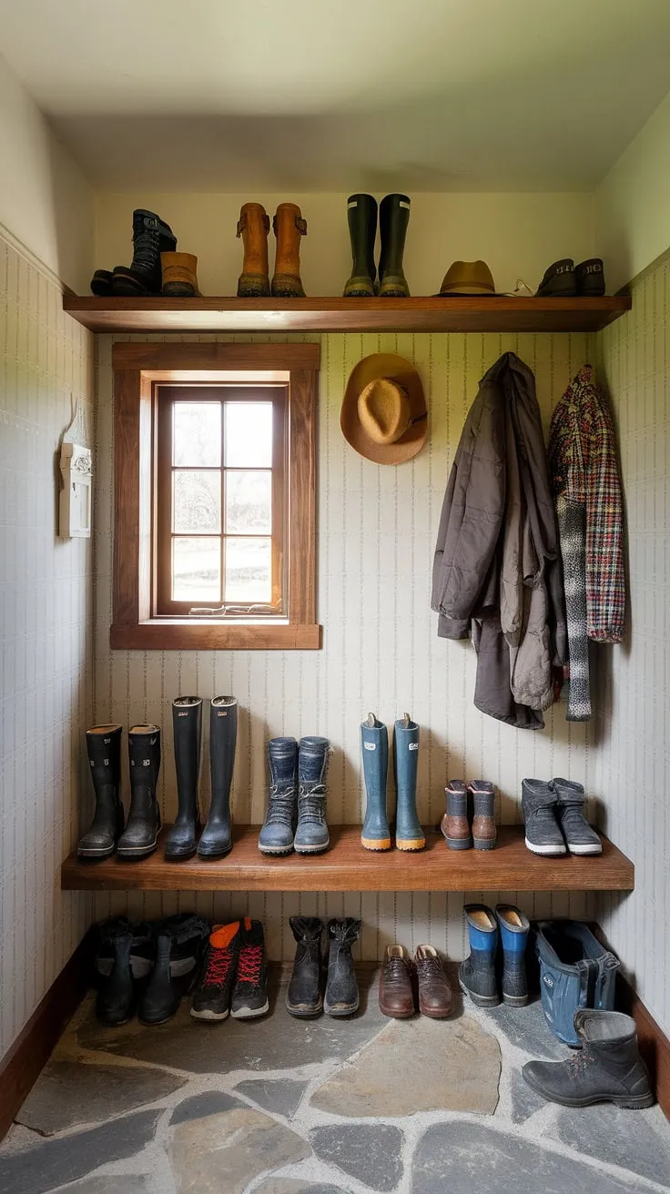 Step into cozy practicality. This rustic mudroom, with its stone floor and weathered wood shelving, provides ample space for all your outdoor gear. A perfect blend of function and charm, it's where rugged adventures begin and end.