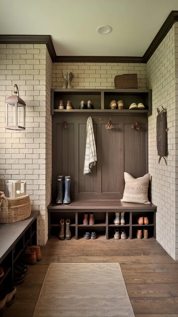This charming mudroom is the epitome of rustic elegance. The aged brick, dark wood bench and shelves, and thoughtfully placed accessories create a space that's both beautiful and incredibly functional. A true testament to thoughtful design and comfortable practicality.