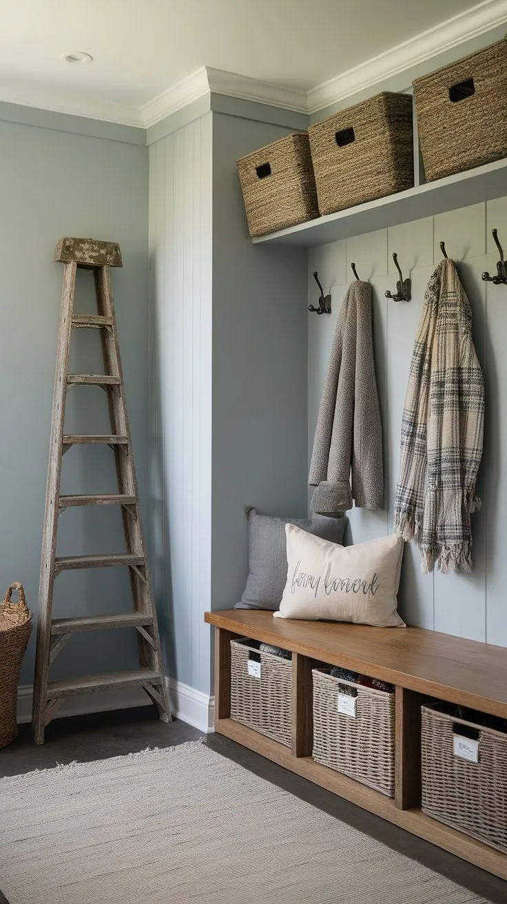 This light blue mudroom is the perfect blend of rustic charm and practical organization. A wooden bench with storage baskets offers a place to sit and stow away belongings, while a coat rack and shoe rack keep things tidy. The vintage ladder adds a touch of character, and the overall effect is one of a welcoming and functional entryway, ready to greet you after a long day.