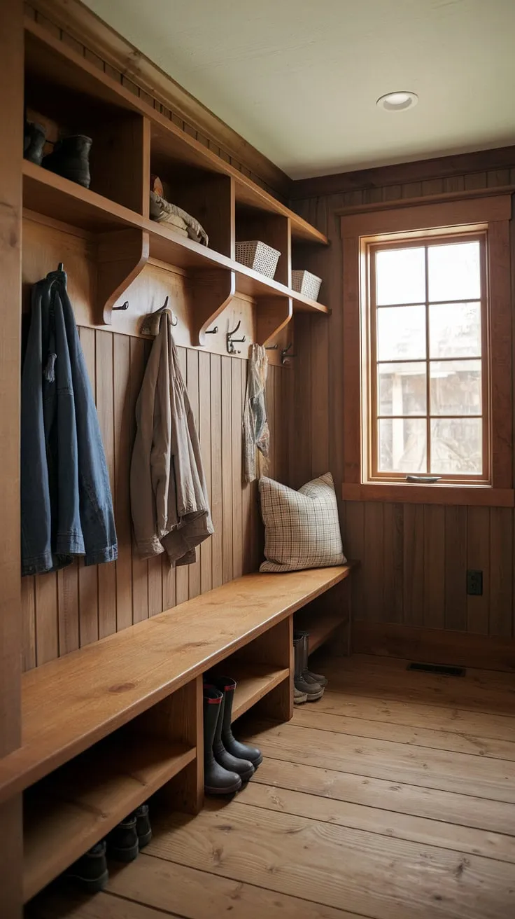 Step into cozy comfort. This rustic mudroom, with its warm wood tones and practical storage, is the perfect blend of style and functionality. A place to shed the day's worries and embrace the warmth of home. A true haven after a long day.