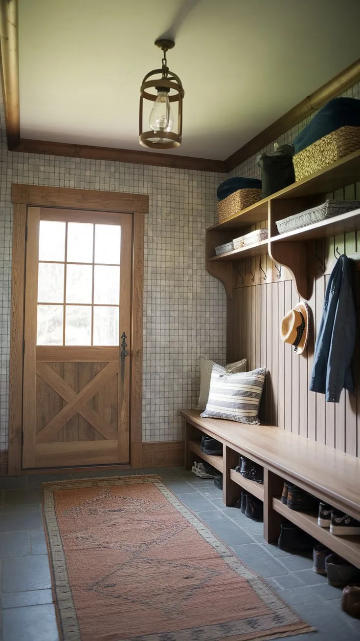 This rustic mudroom, with its worn wooden bench and charming lantern, offers a cozy welcome. The textured walls and simple shelving create a space that's both functional and aesthetically pleasing, a perfect blend of rustic charm and practical storage. A place to shed the day's worries and embrace the warmth of home.