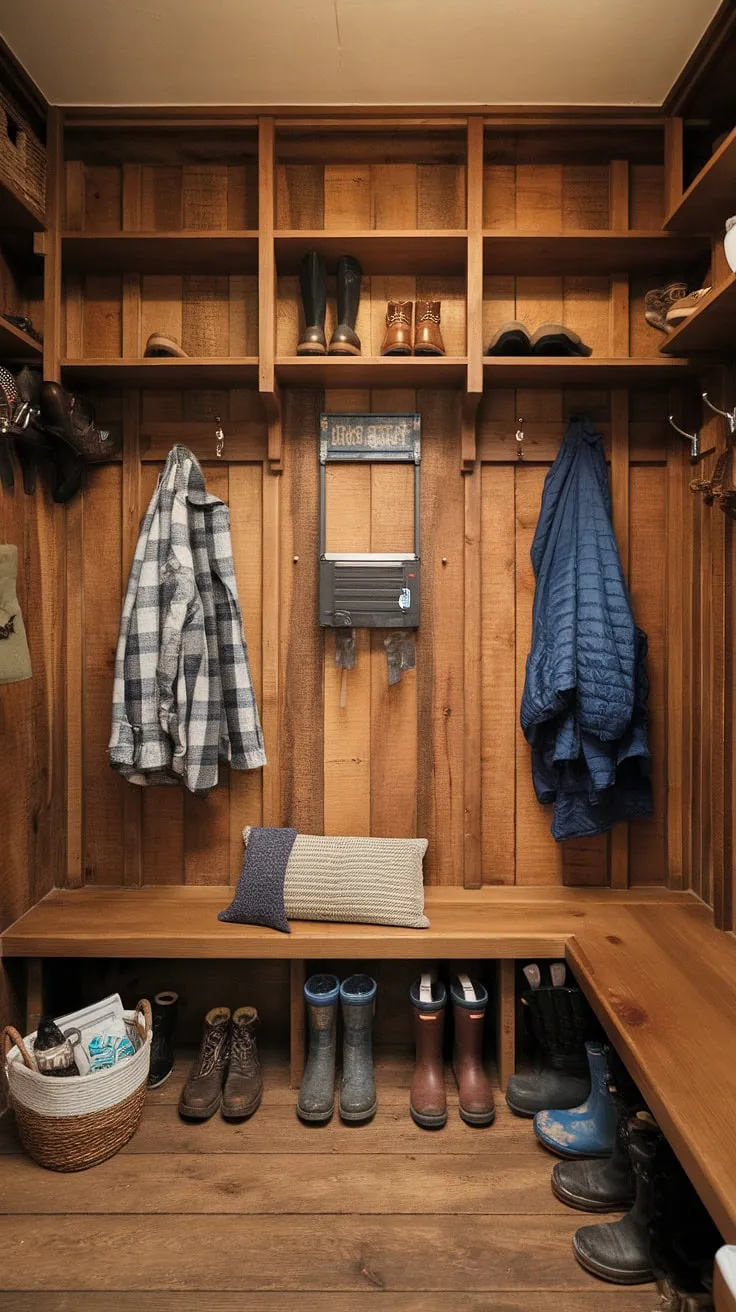 A well-loved space where adventure begins and ends. This mudroom, with its charming wooden shelves and practical boot dryer, is a testament to the beauty of functional design. A place to shed the day's worries and embrace the warmth of home, it's more than just a room; it's a feeling. A perfect blend of rustic charm and everyday convenience.