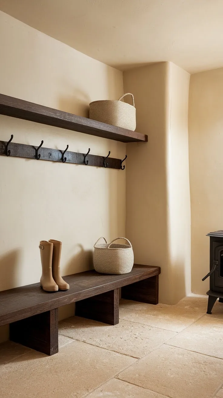 Cozy comfort meets rustic charm in this mudroom. The warmth of the wood stove complements the earthy tones of the bench, boots, and woven basket, creating a welcoming space where practicality and style blend seamlessly. A perfect spot to shed the day's worries and embrace the simple pleasures of home.