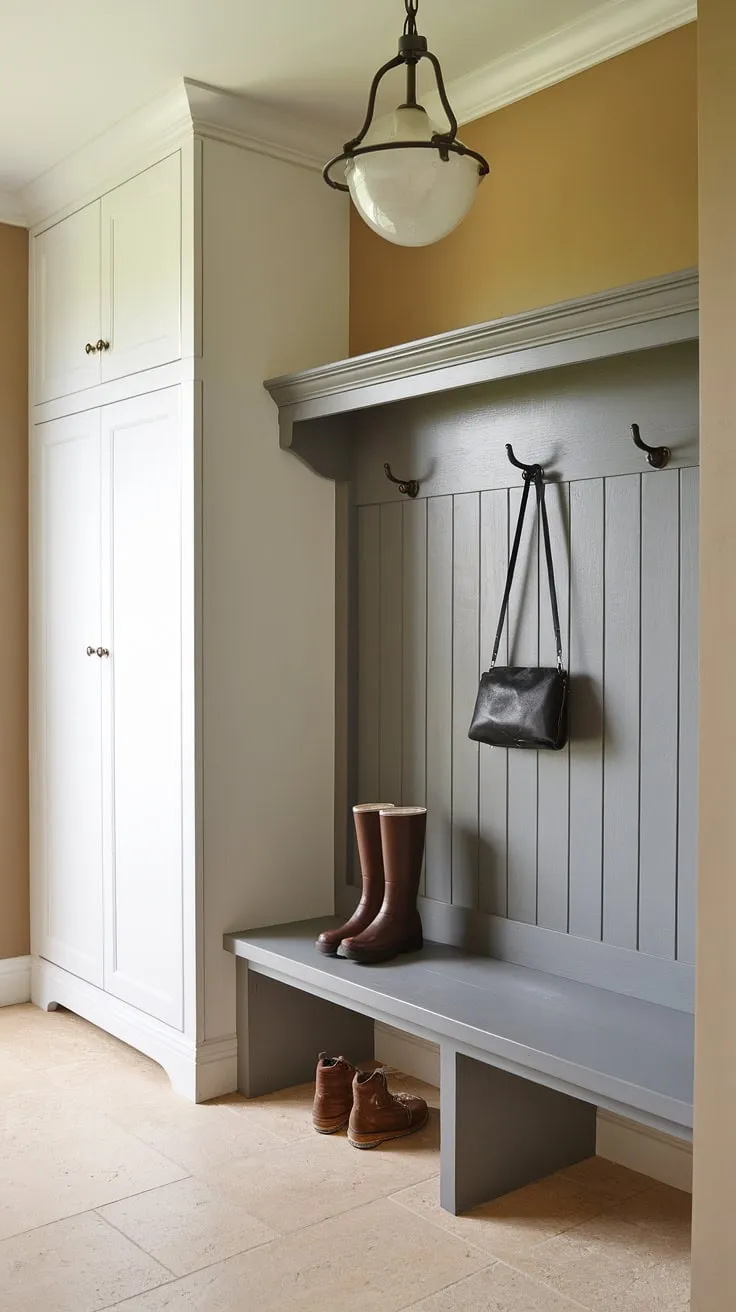 A cozy and organized mudroom, ready for any adventure. The gray bench, white cabinet, and beige walls create a calming space, while the practical placement of boots and purse ensures a smooth transition between indoors and out. A truly inviting entryway.