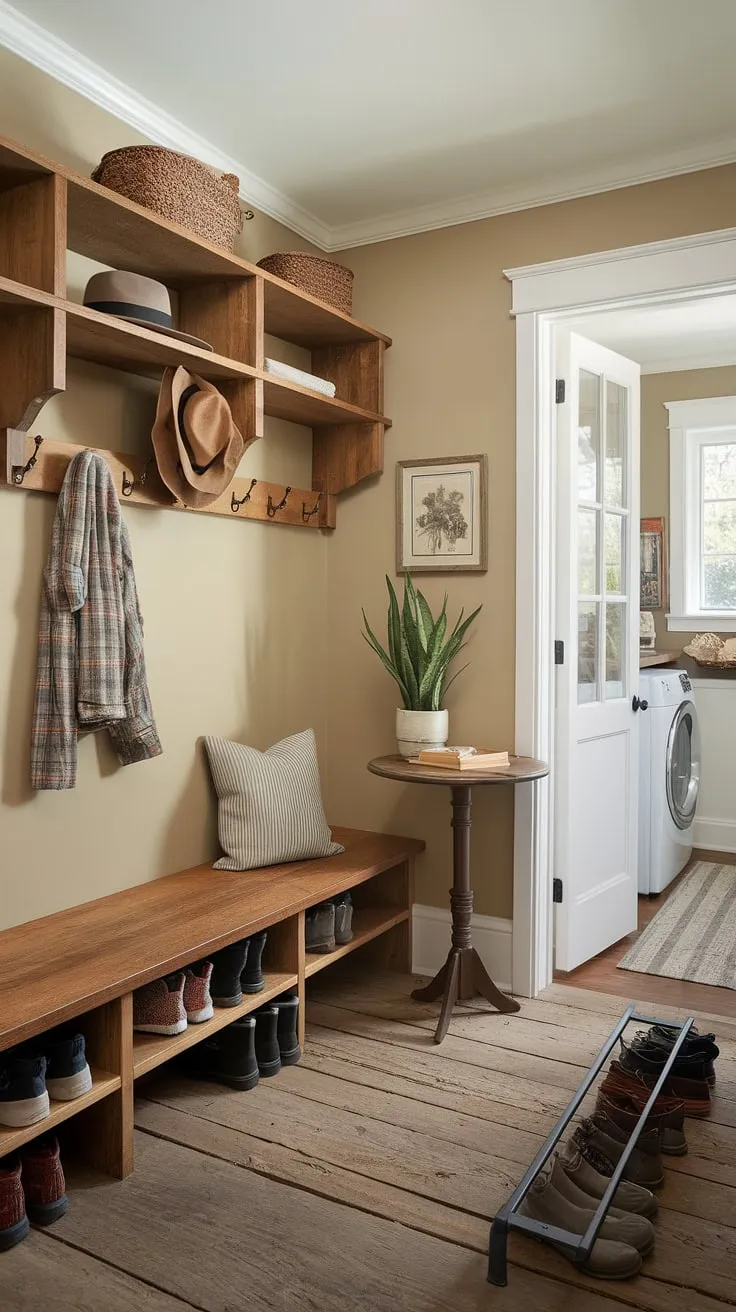 This inviting mudroom is the perfect blend of rustic charm and efficient organization. A thoughtfully designed space with wooden shelving for hats and coats, a comfortable bench for resting, and a dedicated boot rack keeps everything in its place. The addition of a small table and potted plant softens the utilitarian feel, creating a welcoming entryway. The neutral beige walls and rustic wooden floors complete the inviting atmosphere.