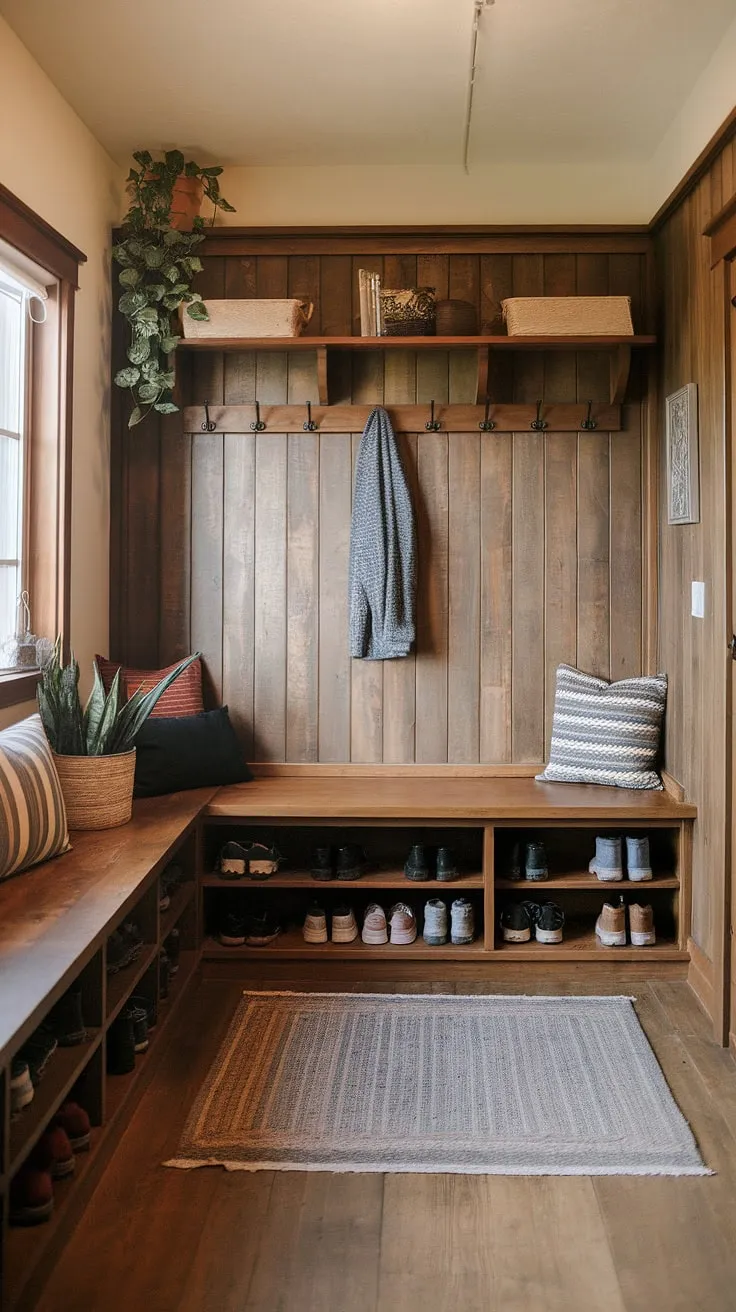 Step into cozy comfort. This rustic mudroom, complete with a built-in bench, shoe storage, and a charming coat rack, offers a practical yet inviting space to shed the day's worries. The warm wood tones and pops of greenery create a welcoming atmosphere, perfect for kicking off your boots and relaxing.