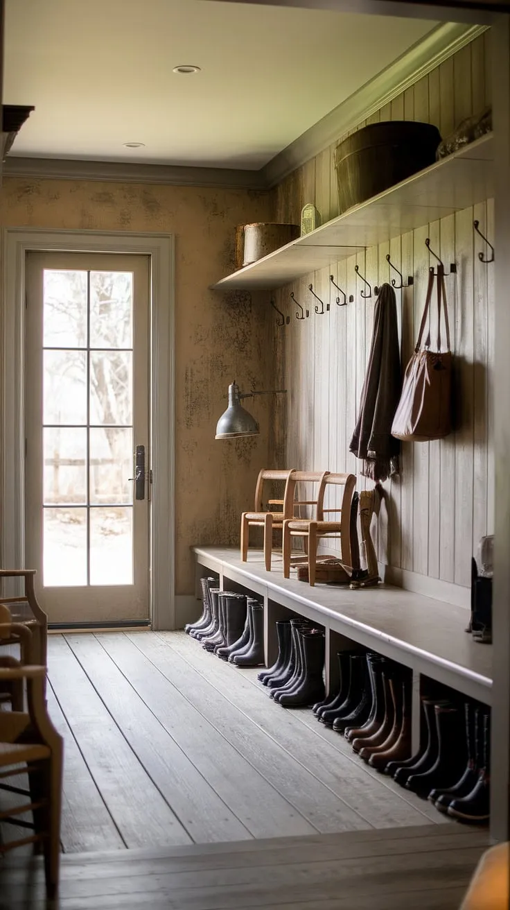 Step into this cozy, rustic mudroom, a haven of warmth and practicality after a day outdoors. The aged wood floors, vintage lamp, and ample storage-including a dedicated boot shelf-create a welcoming atmosphere where coats, bags, and muddy boots find their place. A perfect blend of charm and functionality.