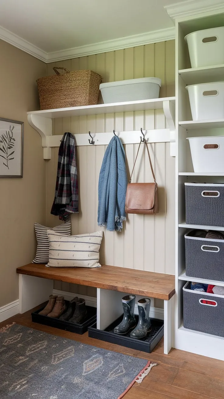 A haven of rustic charm and organized practicality. This mudroom's thoughtful design, featuring a welcoming bench, convenient storage, and a designated area for muddy boots, ensures a seamless transition from outdoors in.