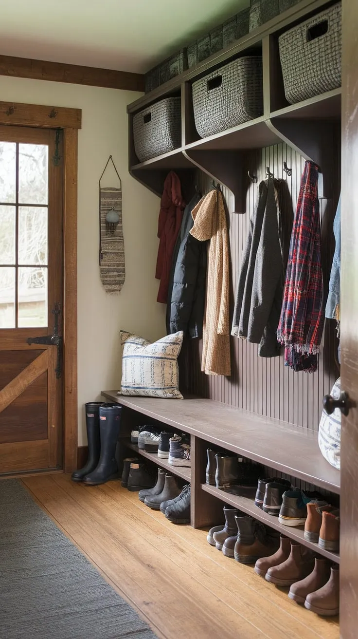 The heart of the home's entryway: This mudroom's design seamlessly blends functionality and style. A dedicated boot room, a convenient bench, and thoughtfully placed storage-including woven baskets-ensure a clutter-free space. The rustic wooden floors and charming décor create a welcoming atmosphere, making even the most hurried entry feel a little more special.