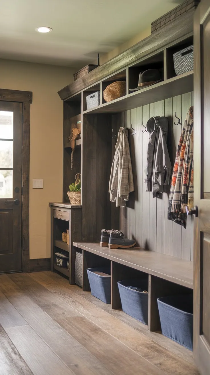 This charming mudroom seamlessly blends rustic style with practical functionality. The warm wood tones, coupled with ample storage solutions, create a welcoming space where organization meets effortless style. A true testament to thoughtful design.