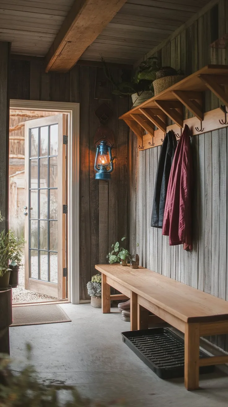 Step inside this cozy, rustic mudroom-a haven of warmth and practicality. The weathered wood walls, vintage lantern, and sturdy wooden bench create a welcoming atmosphere, while the boot tray and coat hooks ensure everything is in its place. A perfect blend of style and function.