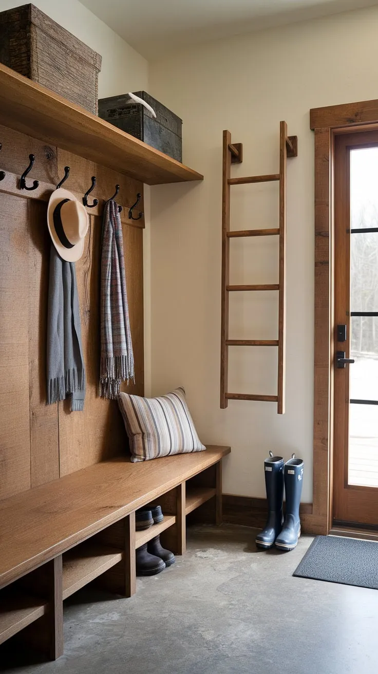 Step into this rustic mudroom, a haven of organized practicality. The sturdy wooden bench with its built-in storage and overhead shelf keeps everything within easy reach, while the leaning ladder adds a touch of charming, functional style. A perfect blend of warmth and utility, this space effortlessly manages the daily chaos, leaving you feeling grounded and ready for anything.