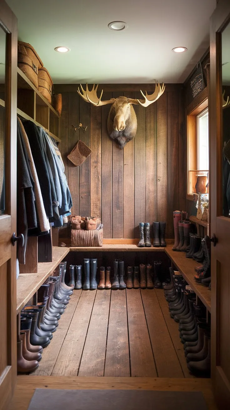 Step into cozy comfort. This rustic mudroom, complete with a wooden bench, a coat rack for all your outerwear, and a majestic moose head above it all, is the perfect blend of practicality and charm. The utility boot room keeps everything organized, ensuring a warm welcome after a day spent outdoors.