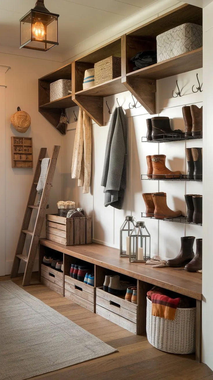 Step into cozy practicality. This rustic mudroom, complete with a vintage crate for storage, a sturdy wooden shelf for coats and hats, and a convenient boot rack, is the perfect blend of form and function. The warm lighting and charming details create a welcoming atmosphere, making even the most mundane tasks feel a little more special.