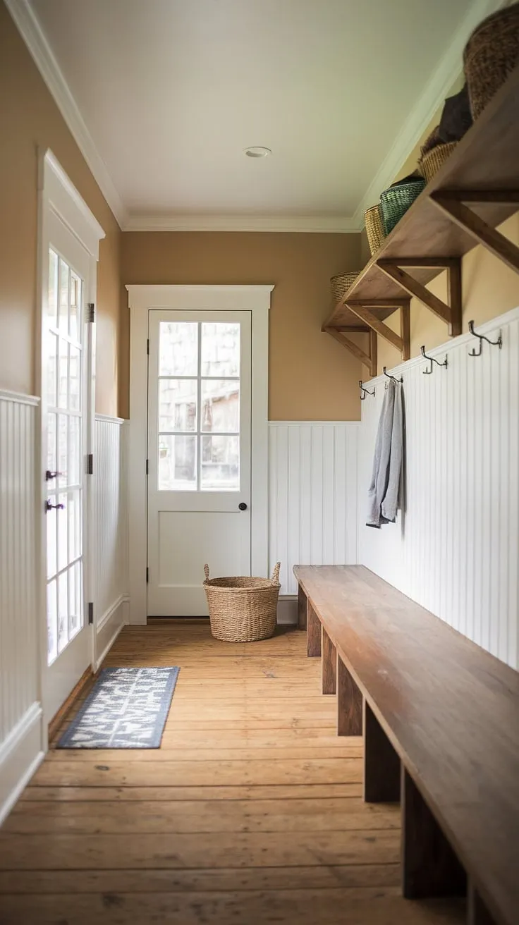 This charming mudroom seamlessly combines rustic aesthetics with practical storage solutions. The warm color palette, wooden flooring, and thoughtfully placed shelves create a welcoming atmosphere. A dedicated space for coats and boots, complete with a utility boot room, makes for easy organization and a clutter-free entryway. The perfect blend of form and function.
