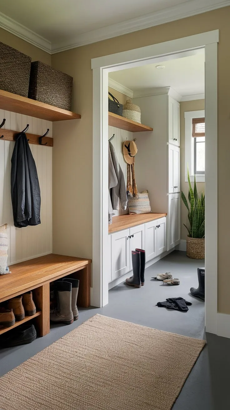 A haven for boots and coats! This thoughtfully designed mudroom and utility room seamlessly combines rustic charm with practical storage solutions. A place to shed the day's worries and outerwear, it's a testament to the beauty of organized functionality. A true reflection of homey comfort.