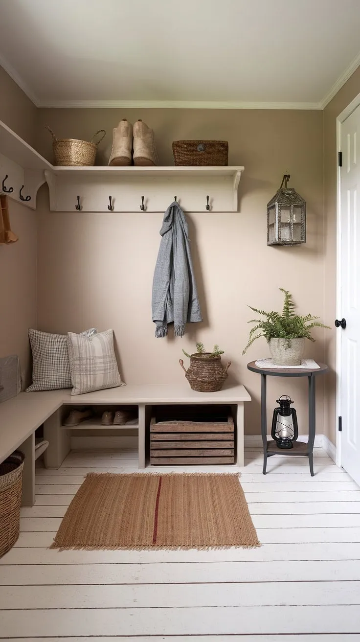This tranquil mudroom effortlessly blends rustic charm with practical storage. The whitewashed floor and beige walls create a serene backdrop for the coat rack, wooden bin, and thoughtfully placed accessories. A perfect blend of form and function, this space welcomes you home with warmth and understated elegance.