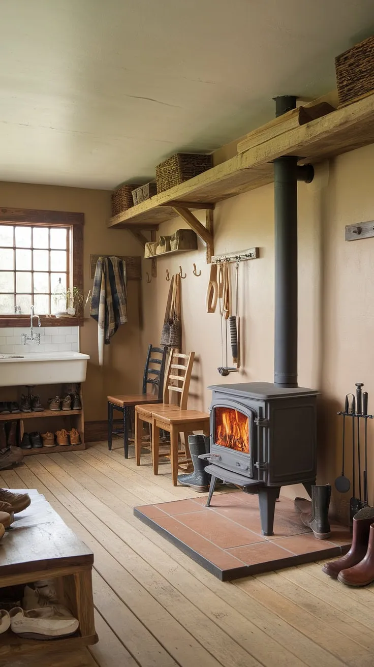 The warmth of the wood-burning stove chases away the chill, creating a cozy haven in this rustic mudroom. A perfect blend of practicality and charm, it's a space where worn boots and tired souls find respite. A testament to simple living and enduring comfort.