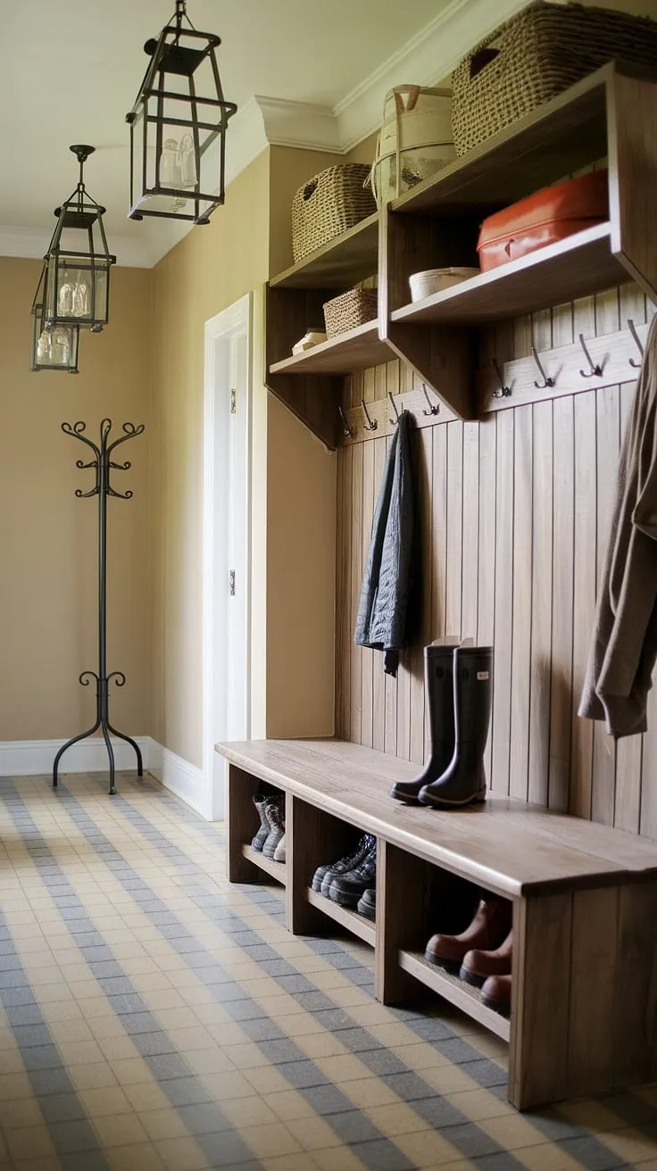 This charming mudroom is the epitome of rustic elegance. The aged wood, checkered floor, and thoughtfully placed shelving create a space that's both practical and inviting. With ample storage for coats, boots, and other essentials, it's the perfect spot to transition from outdoors to in. A true testament to thoughtful design.