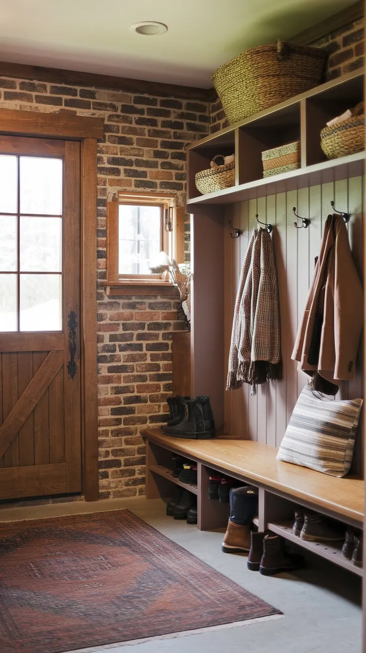 A charming retreat from the elements. This mudroom's rustic design, featuring a brick wall, wooden bench, and convenient coat hooks, creates a space that's both functional and aesthetically pleasing. A perfect spot to shed your outerwear and unwind before stepping into the heart of the home. A delightful blend of form and function.