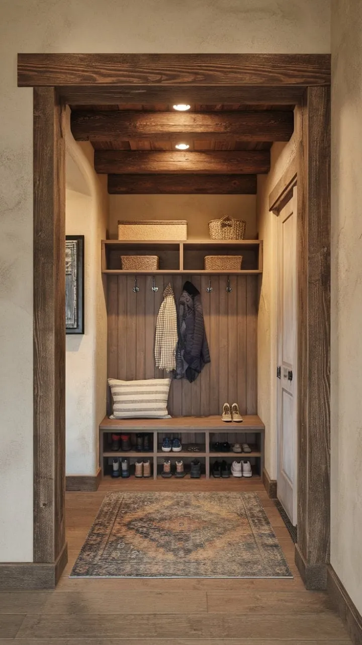 This cozy mudroom blends rustic charm with practical storage, featuring warm lighting, a wooden beam ceiling, and inviting textures for the perfect entryway.