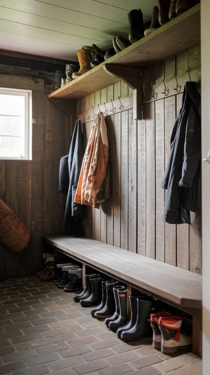 This inviting mudroom, with its brick floor and rustic wooden shelf, serves as a warm sanctuary for muddy boots and damp jackets, embodying the essence of home and adventure.