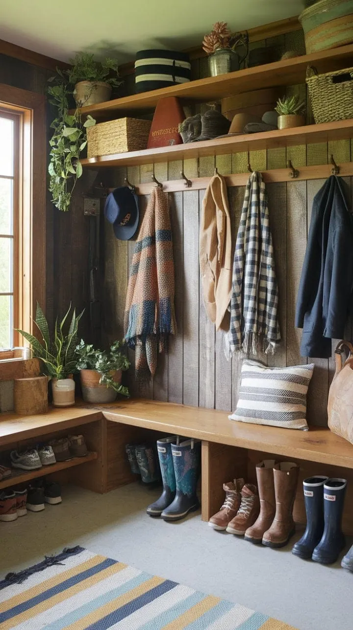 This rustic mudroom, infused with the earthy aroma of adventure, invites you into a delightful chaos of worn wood and overflowing boots.