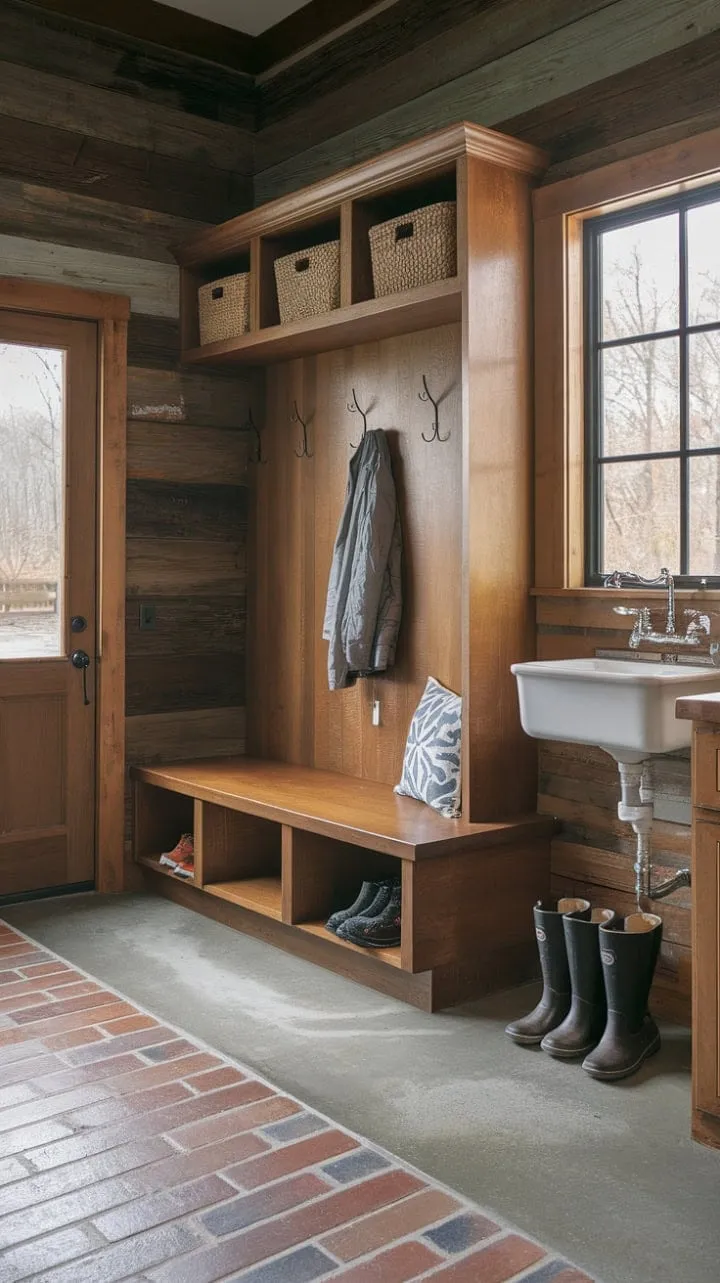 This inviting rustic mudroom combines stylish wooden elements and practical features, making it the ideal space for a busy family to transition from the outdoors.