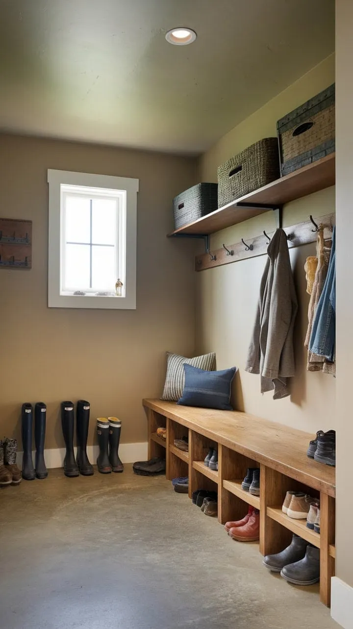 This charming rustic mudroom combines rugged elegance with practical storage, offering a stylish sanctuary for unwinding after a long day.