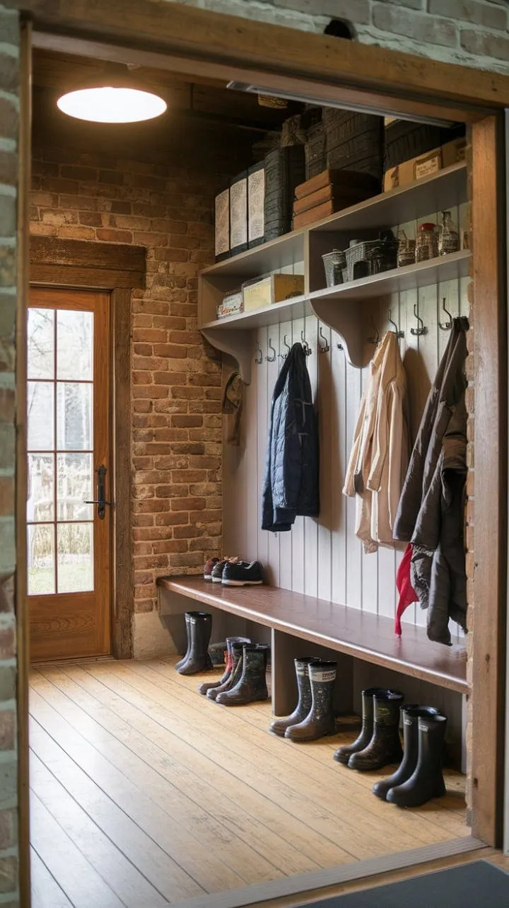 Bathed in sunlight, this rustic mudroom, with its historical brick walls and worn wooden floors, exudes warmth and charm, inviting the outdoors in through its collection of well-loved boots and jackets.