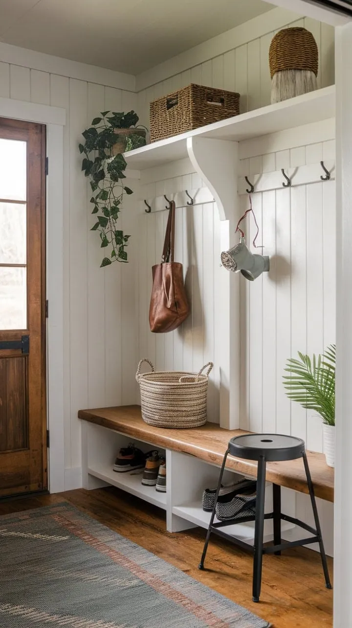 This cozy mudroom artfully combines rustic charm and modern convenience, featuring a white shelf, black metal stool, and woven basket for a stylish yet functional welcome.