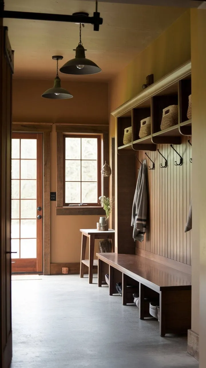The mudroom elegantly blends beauty and practicality with its warm tones, ample storage, and cozy bench, embodying thoughtful design at the heart of the home.