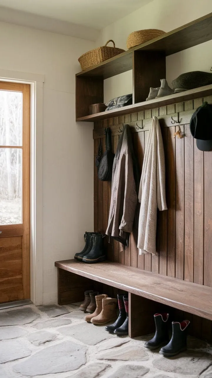 This mudroom blends rustic charm with practicality, featuring aged wood and stone that invite warmth while providing a cozy haven for adventure-ready gear.