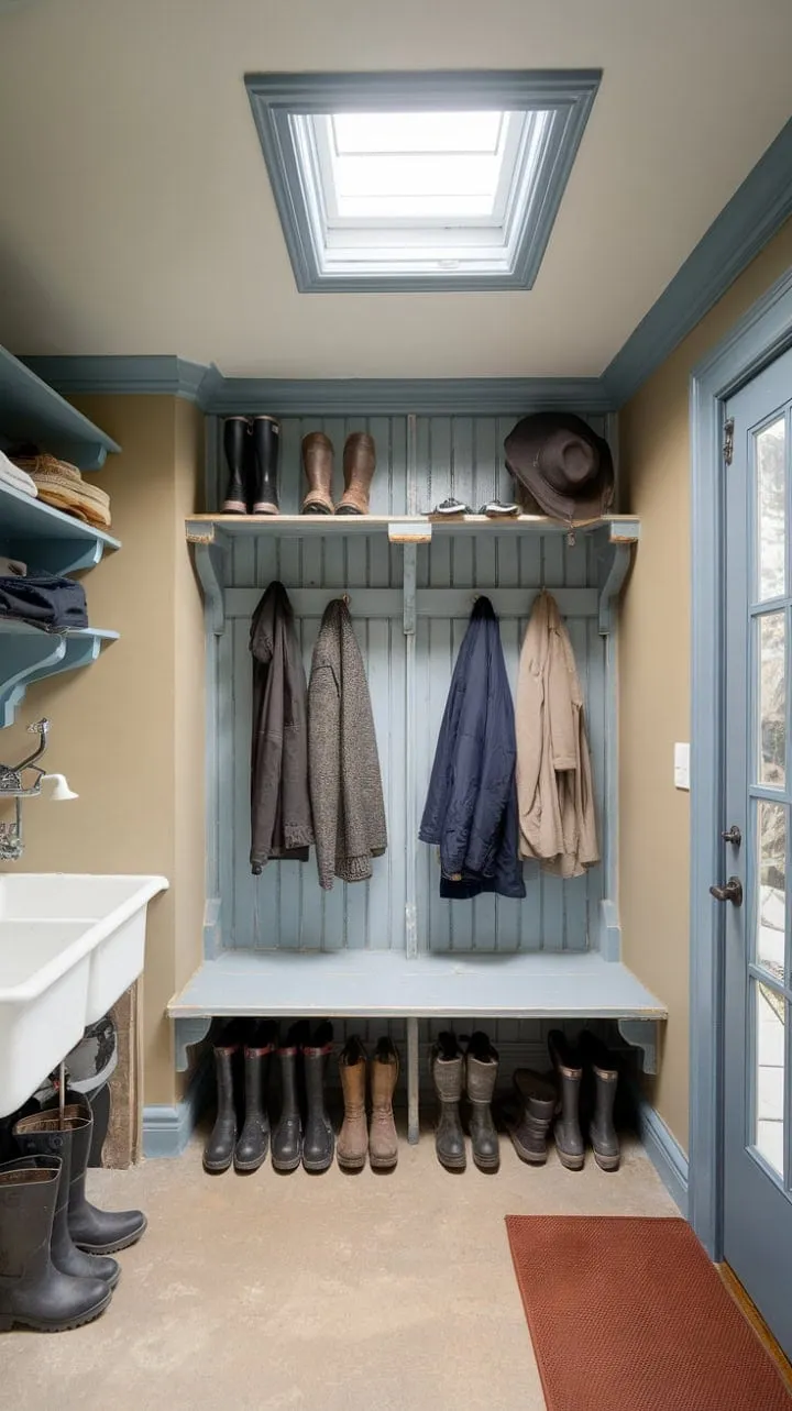 Bathed in natural light, this rustic mudroom blends functionality and beauty, showcasing a painted wooden bench and shelves filled with family essentials, embodying the heart of home life.