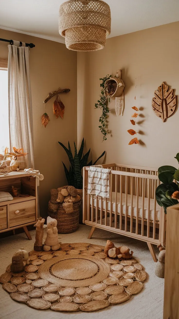 Nestled amongst nature's gentle embrace, this nursery is a sanctuary of peace. A space filled with rustic textures, handcrafted details, and the soft glow of autumn hues, it's a haven designed for quiet moments and peaceful slumber. A truly enchanting room for a new arrival.