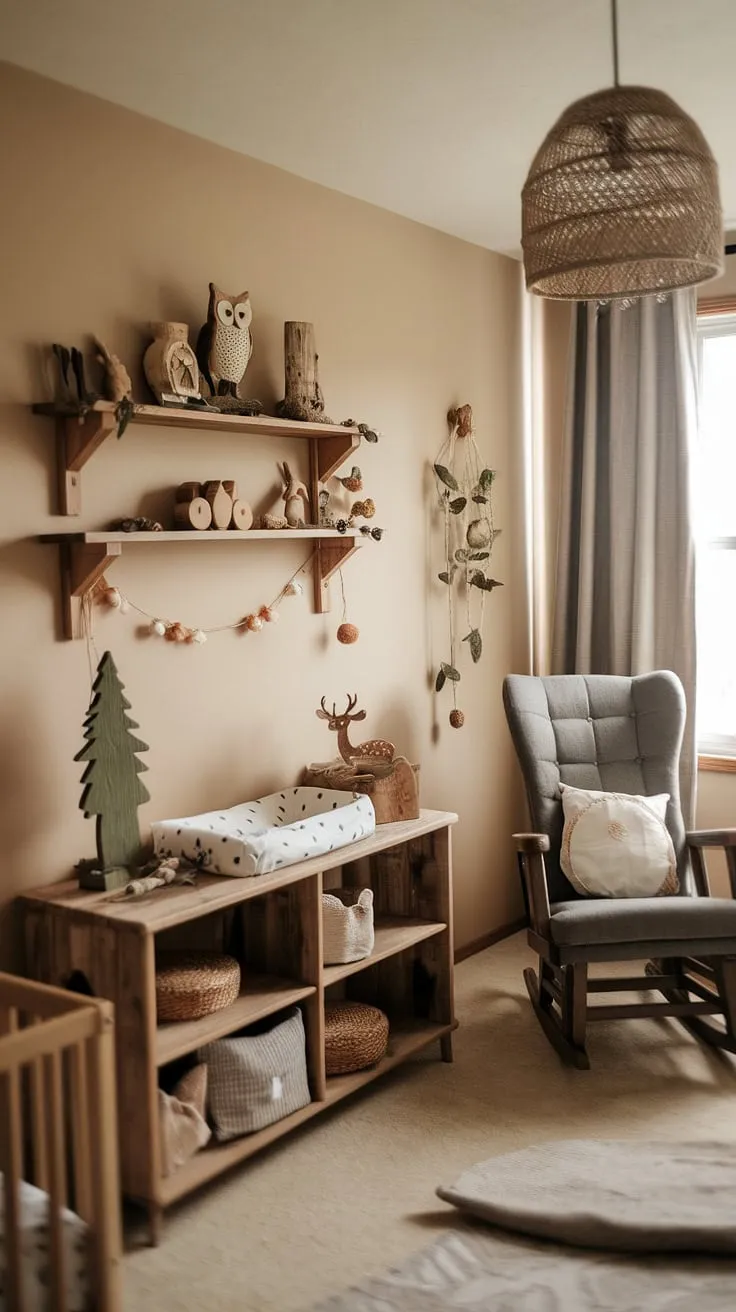 A sanctuary of natural beauty. The soft light filtering through the window illuminates this charming nursery, where rustic decor and nature-themed accents-a wise owl, a graceful deer, and leafy branches-combine to create a space brimming with tranquility and A sense of wonder.