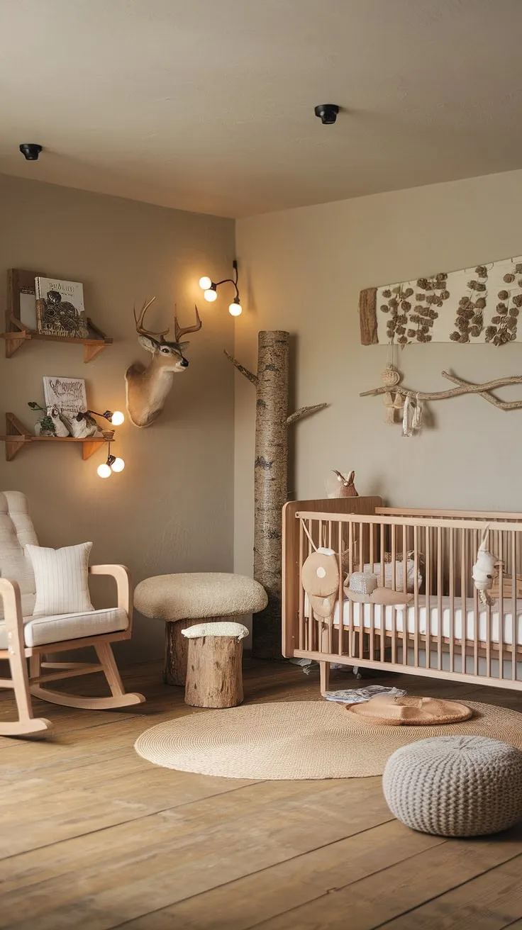 Nestled amongst the trees, this nursery is a sanctuary of peace and tranquility. The neutral palette and natural textures, from the wooden floors to the deer head mount, create a space that is both stylish and deeply comforting for baby and parent alike.