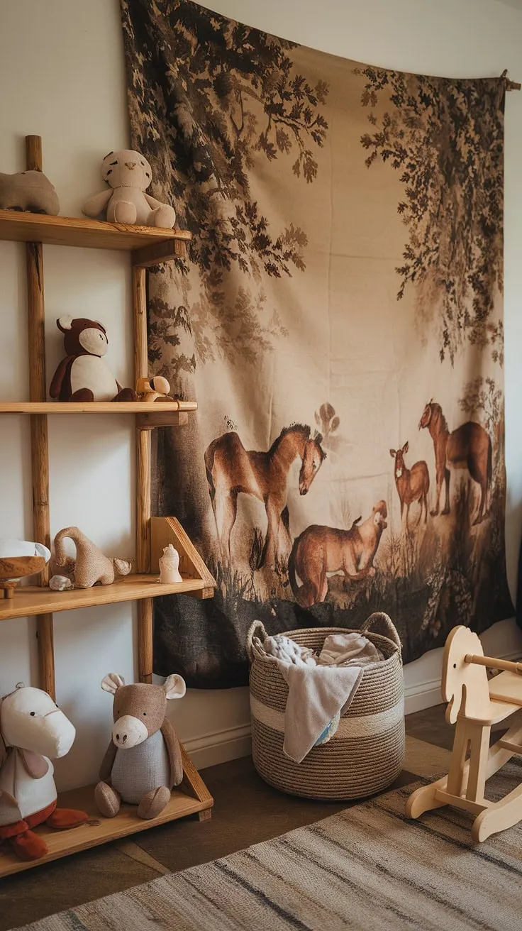 Nestled amongst the trees, this rustic nursery is a whimsical retreat. Wooden toys, woven baskets, and a captivating animal tapestry invite a child to explore a world of wonder and gentle slumber. It's a space designed for cozy cuddles and enchanting adventures.