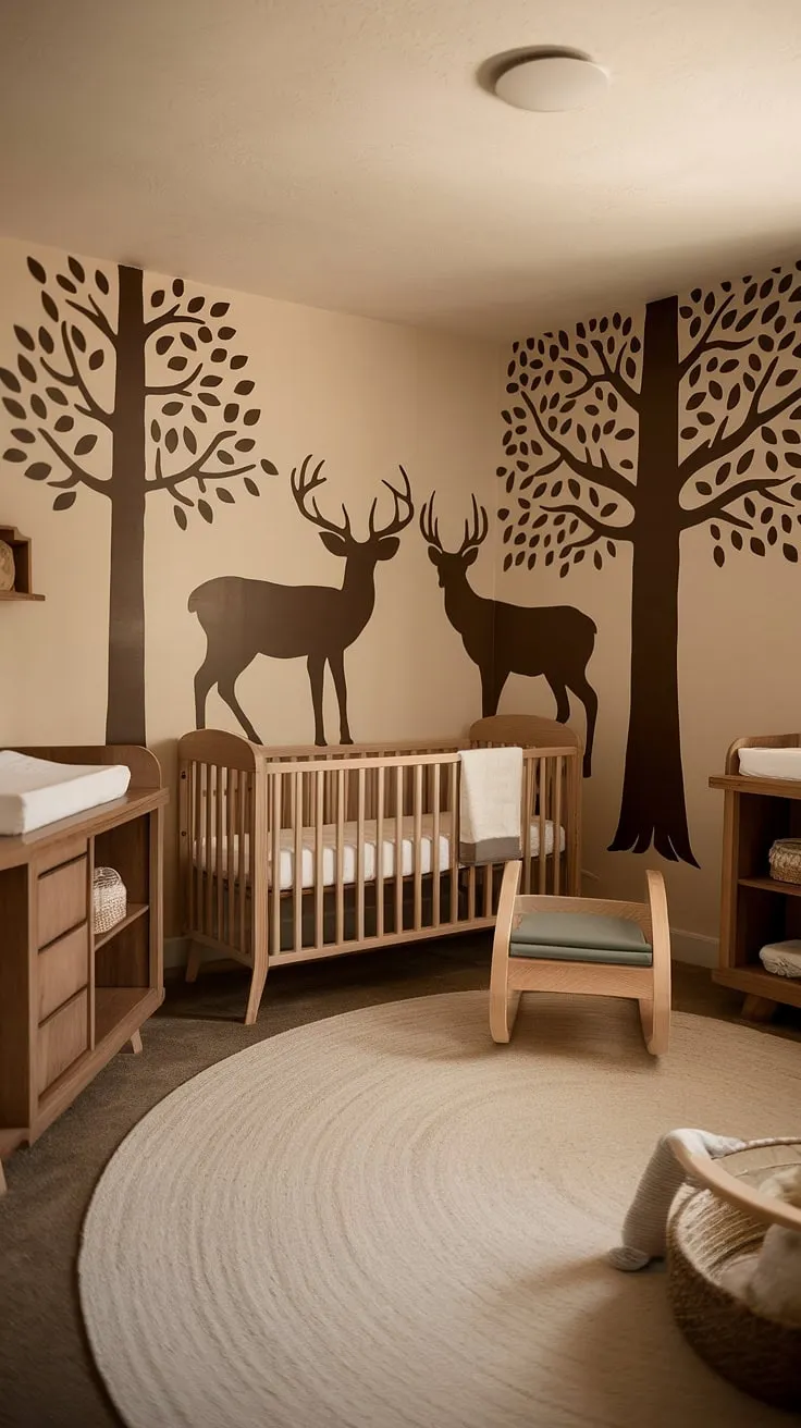 Sweet dreams are made of this: A rustic nursery, bathed in warm light, where nature's gentle embrace welcomes your little one. The neutral palette, wooden accents, and charming deer decal create a serene space for peaceful slumber and happy awakenings.