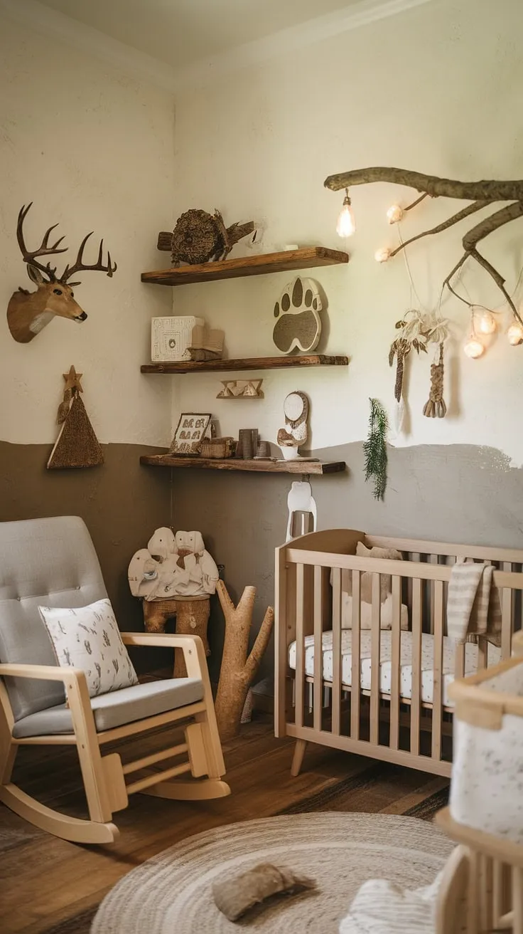 This cozy nursery, bathed in soft beige and grey, is a testament to understated elegance. Wooden shelves display treasured keepsakes, while the rustic crib and rocking chair create a calming atmosphere. Nature's gentle touch, seen in the branch and animal accents, completes this serene sanctuary for a peaceful slumber.