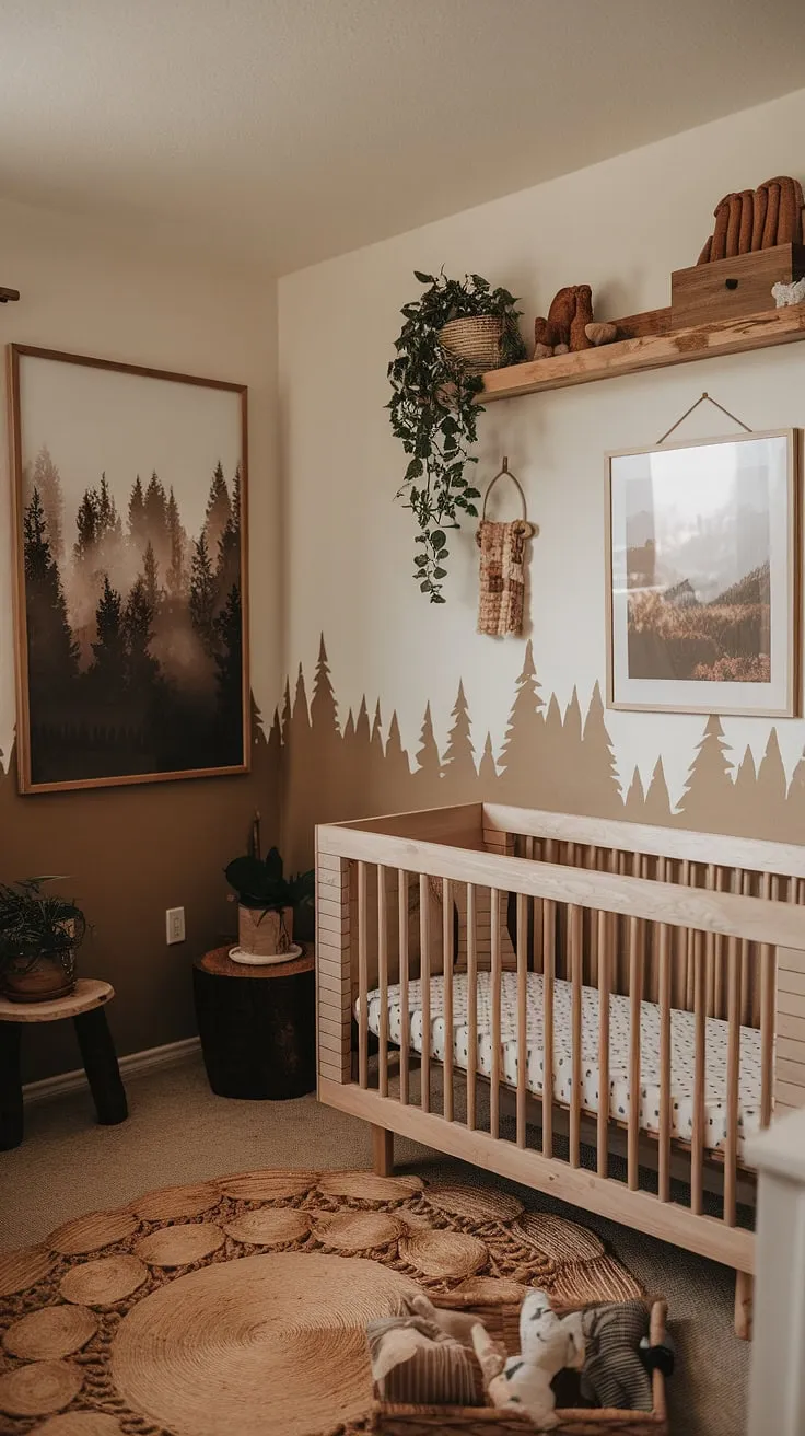 Nestled amongst nature's gentle embrace, this nursery is a testament to simple elegance. The warm, inviting atmosphere, crafted with natural materials and calming colors, promises peaceful nights and joyful days. A truly enchanting space for a new arrival.