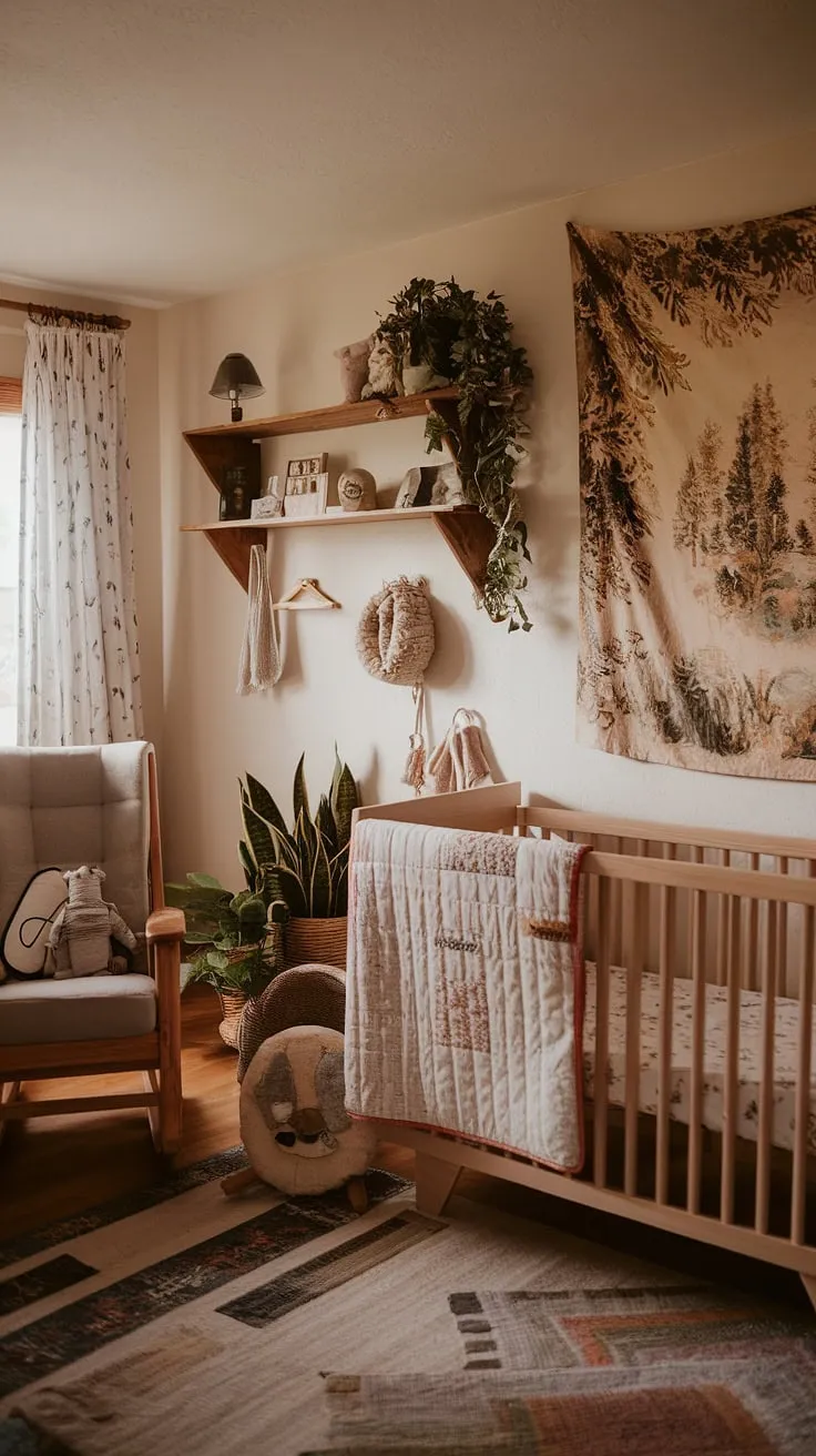 A haven of natural calm, this rustic nursery whispers promises of sweet dreams and gentle awakenings. The soft light filtering through the window illuminates a space filled with love, handcrafted details, and the comforting presence of nature.