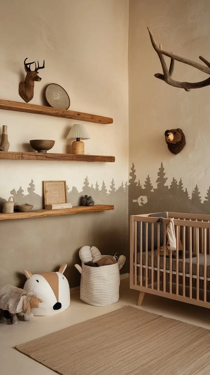 A haven of rustic charm and natural beauty, this nursery whispers tales of woodland adventures. The soft beige and grey palette, complemented by handcrafted wooden furniture and whimsical wildlife accents, creates a serene and inviting space for sweet dreams. A perfect blend of comfort and captivating design.