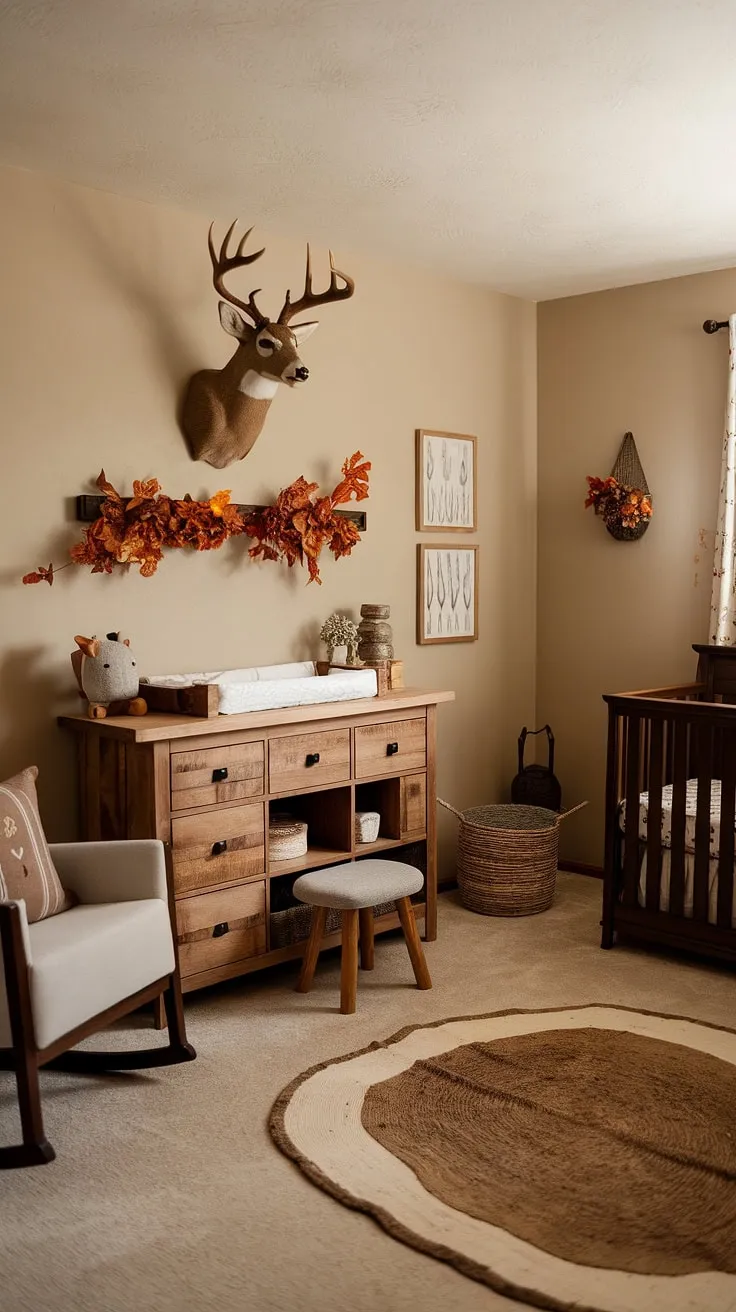 Nestled amongst autumnal tones and the gentle sway of a rocking chair, this nursery is a sanctuary of peace. A rustic wooden cabinet and a miniature stool complete the charming, nature-inspired aesthetic, promising a tranquil space for peaceful slumber and happy awakenings.